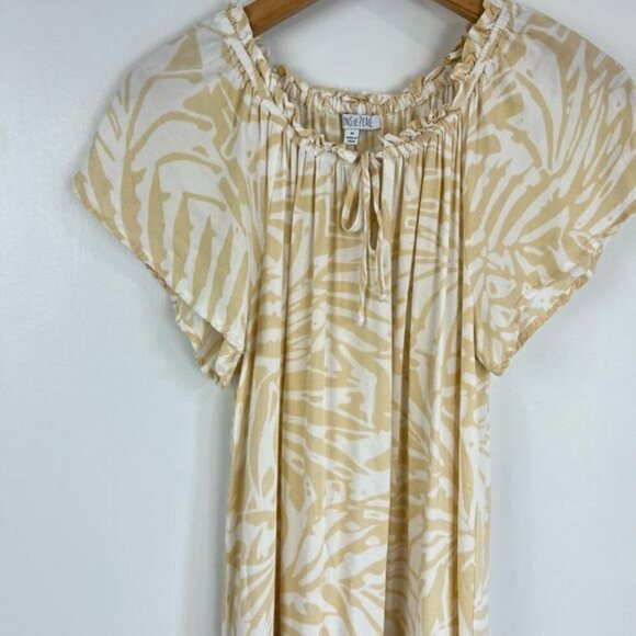 Patrons Of Peace Dress Size M Maxi Ruffle Tier Tie Neck Off Shoulder Tan White - Picture 3 of 13